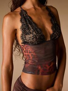 Opulessa Casual Tropical Vacation Knit Mesh Print Halter Backless Tank Top For Women Vacation Brown Summer - Multicolor - View 4