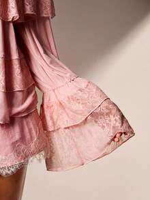 Willow Rêve Women's Pink Lace Trim Chiffon Ruffle Blouse, Romantic Vacation Style, Boho Style, Valentine's Day - Pink - View 5