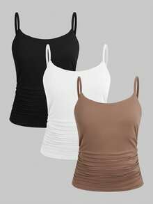 SHEIN 驚喜禮盒 [隨機 6 件商品，發送 3 件]青少年女孩背心與細肩帶背心，休閒舒適抓皺腰細肩帶背心，3 件套組 - 彩色 - 查看 9