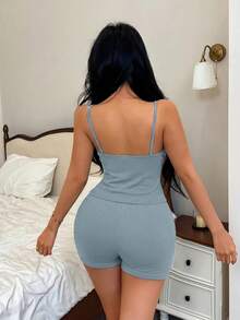 SHEIN 女款純色細肩帶上衣與抽繩腰短褲休閒日常居家穿著套裝 - 霧霾藍 - 查看 2