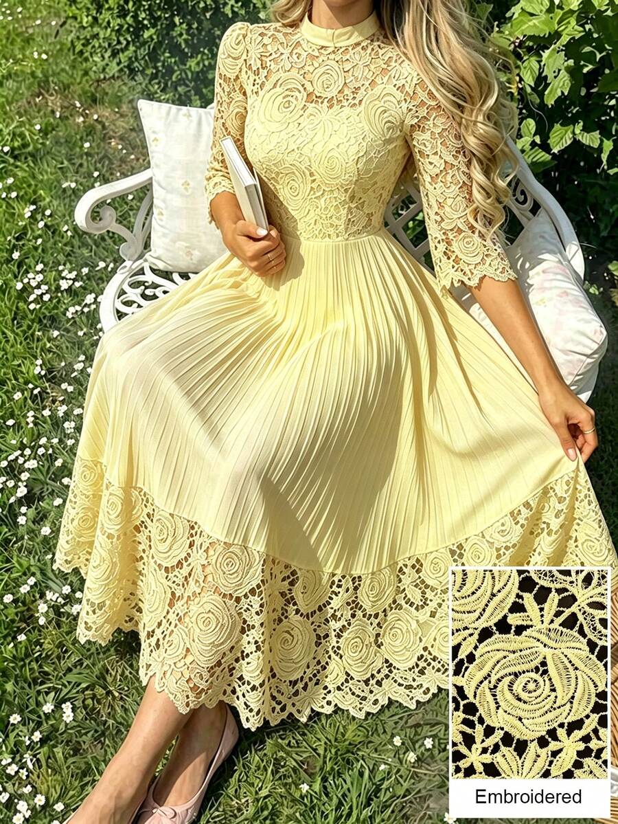 Modelyn Yellow Eyelet Embroidery Patchwork Maxi Long Sleeve Dress For Women