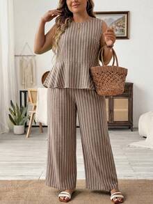 SHEIN LUNE Plus Size Women's Beige Ruffle Hem Sleeveless Shirt And Wide Leg Pants Casual Two Pieces Set Vacation Summer Wedding Guest - Multicolor - View 1