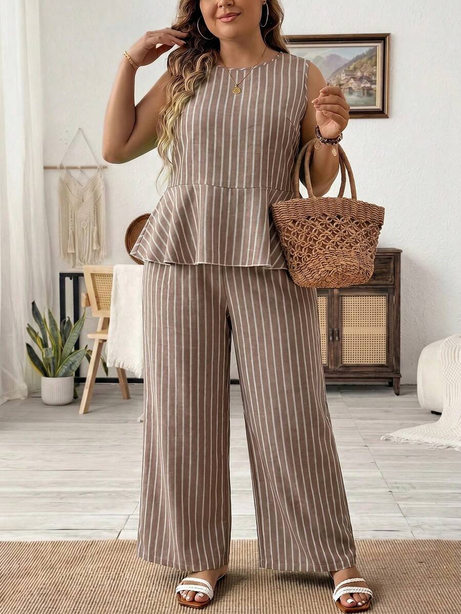 SHEIN LUNE Plus Size Women's Beige Ruffle Hem Sleeveless Shirt And Wide Leg Pants Casual Two Pieces Set Vacation Summer Wedding Guest - Multicolor - View 1