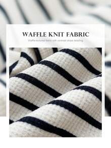 ELLERISSA Plus Size White & Black Stripe Round Neck Sleeveless Front Button Waffle Knit Midi Dress - Black and White - View 7