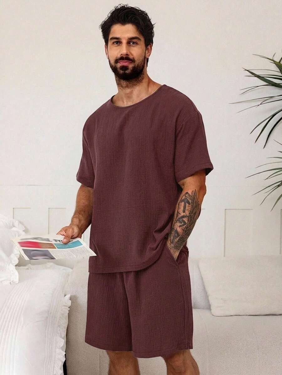 DAZY Men's Summer Solid Color Brown Loungewear Set - Brown - View 1