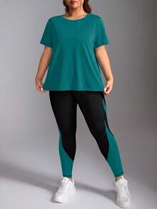 SHEIN Rhythm Era Women's Plus Size Short Sleeve Round Neck Sports Set Gym Sports Teal Summer - Olive Green - View 6