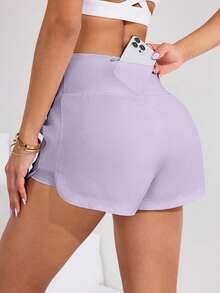 SHEIN Sovereign Charm Celana Pendek Olahraga Wanita Warna Polos dengan Kantong di Pinggang - Mauve Purple - View 2