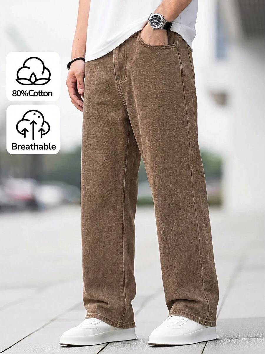 SHEIN 青少年男孩純色時尚鈕扣口袋寬鬆休閒牛仔長褲 - 棕色 - 查看 1