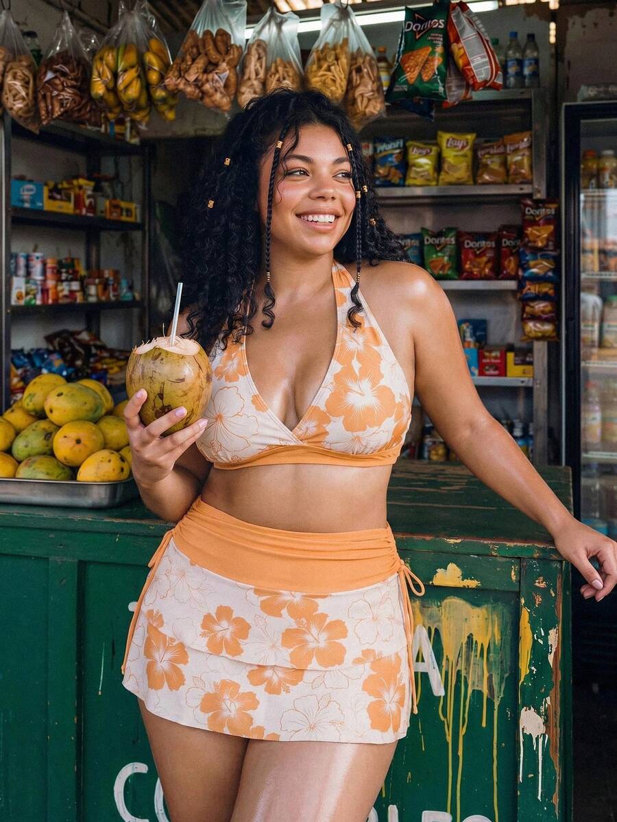 SHEIN Swim 2026夏季海灘度假女款橘色與白色碎花比基尼3件套,波西米亞風掛脖三角上衣與迷你裙,夏季海灘度假休閒大尺碼泳裝套裝 - 彩色 - 查看 1