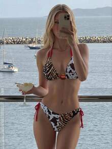 Bonvoyette Women's Tiger & Cow Print Random Pattern Summer Sexy V-Neck Halter Tie Strap Double Shoulder Strap Top & Side Tie Triangle Bikini Set - Multicolor - View 7