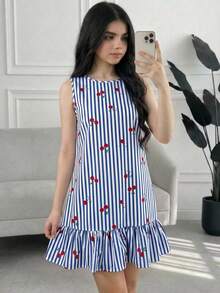 SHEIN Vestidos para niñas y adolescentes con cuello redondo, rayas azules & blancas y estampado dulce de cerezas, moda casual de verano y primavera para vacaciones, falda línea A con volantes, vestido casual para vacaciones y hogar - Azul - Ver 5
