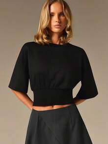 COSMINA Camiseta de mujer de verano casual de unicolor con cintura ceñida - Negro - Ver 1