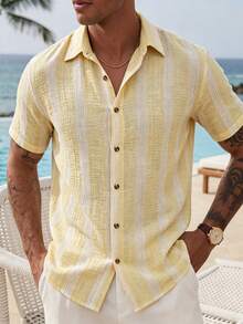 VENTUSAIL Men's Yellow Woven Striped Summer Thin Fitted Casual Vacation Short Sleeve Shirt, Holiday - Yellow - View 6