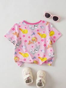 LOONEY TUNES X SHEIN 女嬰圓領卡通印花休閒百搭日常短袖上衣 - 粉色 - 查看 2