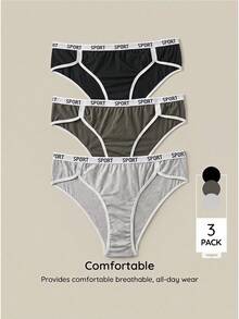 Bralution 3pcs/Plus Size Contrast Color Trim Letter Print Underwear Sports Black White Autumn - Multicolor - View 10