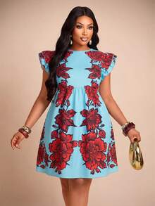 Brilight Blue Base Red Floral Print Ruffle Cap Sleeve Round Neck A Line Mini Dress Flowy Waisted Dress For Vacation Brunch Holiday Party Outfit - Blue - View 6
