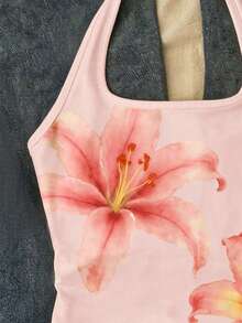 Top de tirantes largo blanco con cuello halter, estampado floral rosa vintage lindo y femenino, ajuste ceñido, estilo Y2K, atuendo de verano para vacaciones de niñas preadolescentes - Blanco - Ver 4