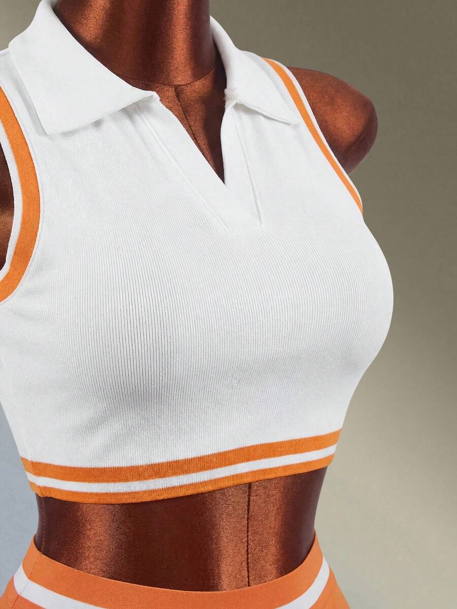 Amplova Women's Sleeveless Contrast Color Half-Zip Fitted Tennis Shirt, Summer Orange Seamless Polo Shirt Vest Old Money Sports