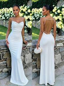 Slaydiva White Pearl-Embellished Backless Halter Dress, Sleeveless Long Dress, Perfect For Parties And Weddings-A - White - View 2
