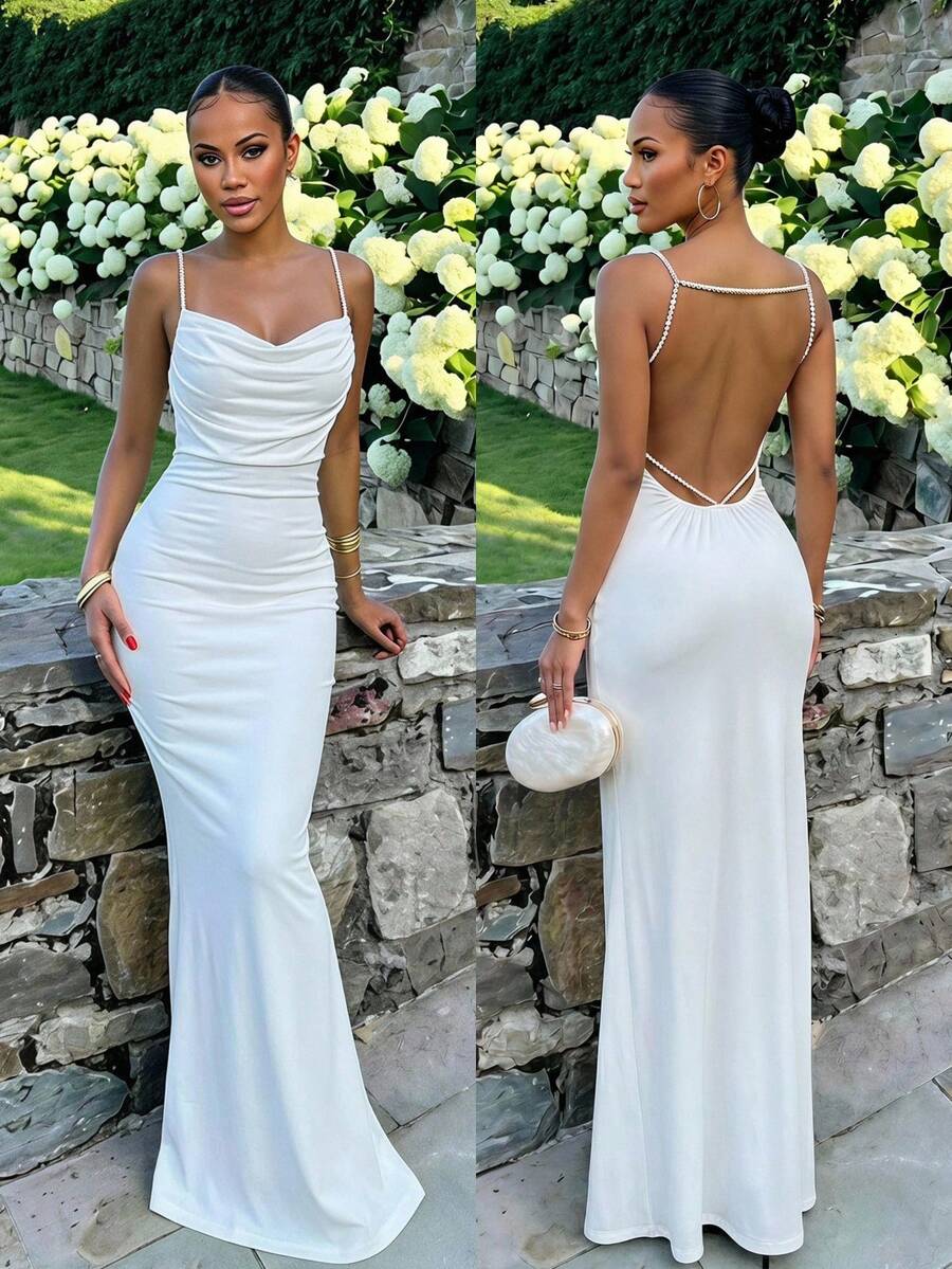 Slaydiva White Pearl-Embellished Backless Halter Dress, Sleeveless Long Dress, Perfect For Parties And Weddings-A