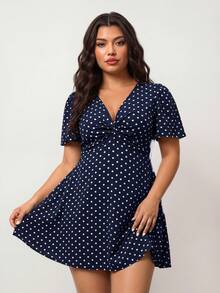 Enliva Vestido casual de vacaciones con estampado de lunares y nudo retorcido para tallas grandes - Azul - Ver 4