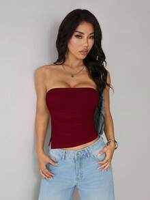 SHEIN PETITE Top bandeau sin espalda con abertura lateral para mujer - Burdeos - Ver 7