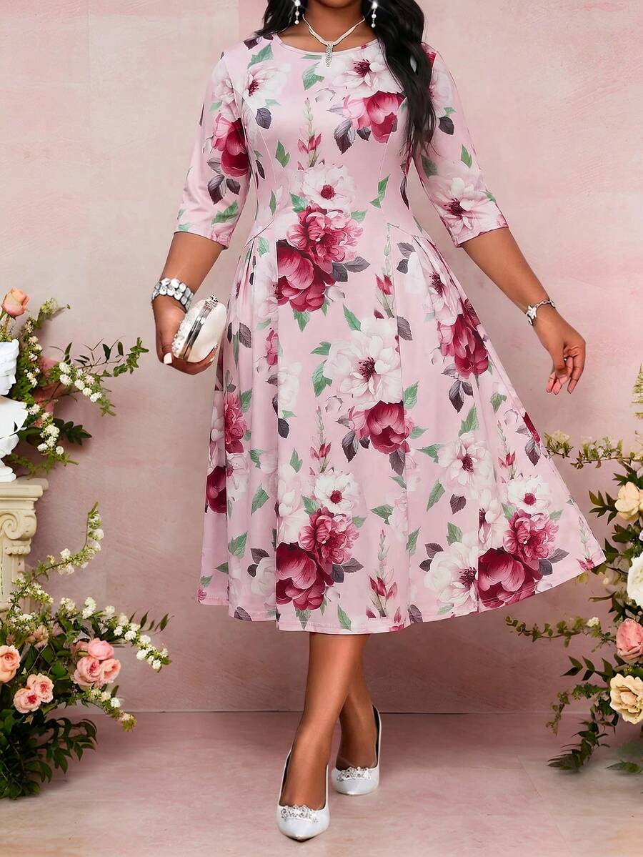 SHEIN Lady 大尺碼女款花卉印花圓領休閒派對洋裝