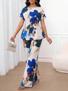 SHEIN Lady 女款葉脈印花腰部打結上衣與長褲休閒日常兩件套 - 藍色 - 查看 4