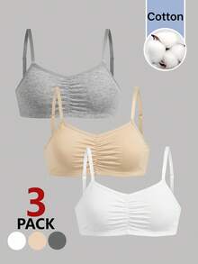 Girlism Teen Girls Bras And Bralettes 3 Pieces Set, All-Season Commute, Simple Comfortable Ruched Design With Padding, Adjustable Straps, Skin-Friendly, Push-Up, Backless Lingerie - Multicolor - View 1