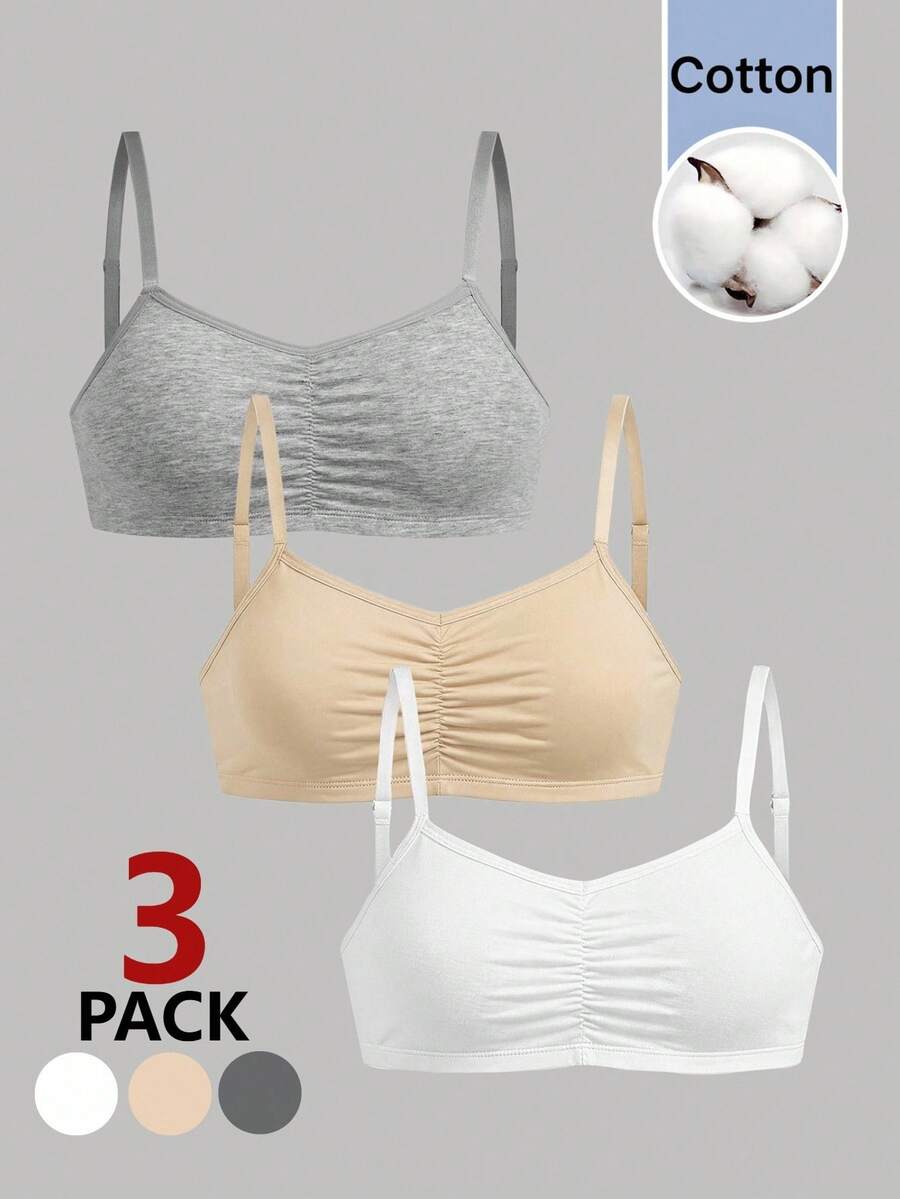 Girlism Teen Girls Bras And Bralettes 3 Pieces Set, All-Season Commute, Simple Comfortable Ruched Design With Padding, Adjustable Straps, Skin-Friendly, Push-Up, Backless Lingerie - Multicolor - View 1