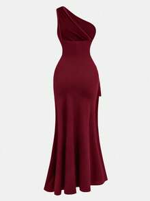 Pitira Teen Girls Partywear New Red Asymmetric Shoulder Pleated Hollow Out High Slit Dress, Long Dress - Burgundy - View 2