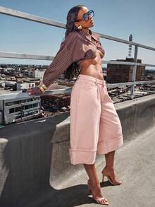 Denimoi Wide Leg Cuffed Denim Jorts Fashion Jeans Fashion Denim Summer Vacation Brunch - Baby Pink - View 1