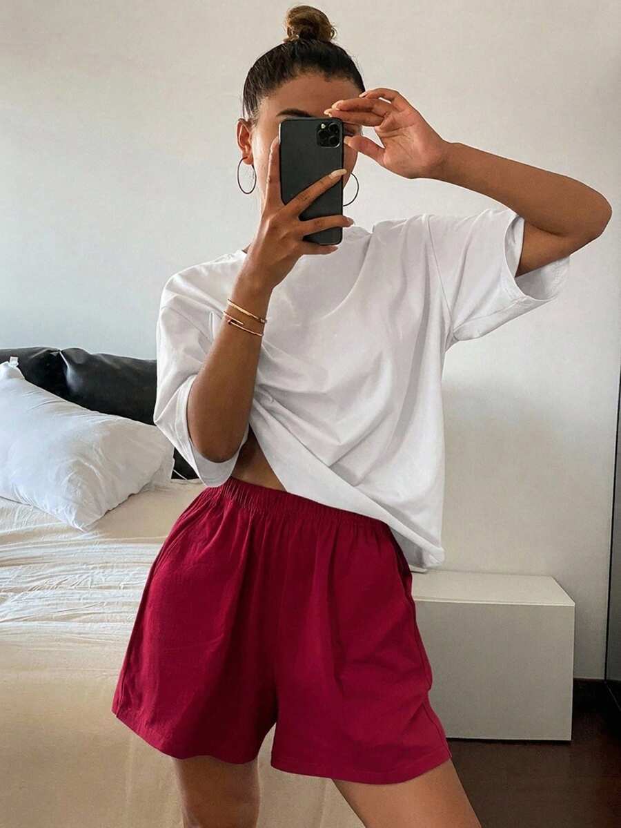 DAZY Solid Color Loose Short Sleeve T-Shirt & Short Pajama Pants 2 Pieces Set Women's Loungewear - White - View 1