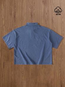 TOKVUE 男士夏季休閒字母刺繡短袖 Polo 衫 - 藍色 - 查看 3