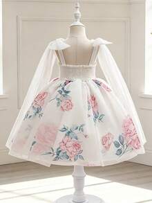 Glamorique Kids 女童白色歐根紗花卉印花細肩帶洋裝，肩部蝴蝶結、後背繫帶與荷葉邊設計，生日派對禮服 - 彩色 - 查看 3