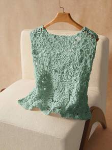 Elaquor Plus Size Solid Color Hollow Knit Vest For Vacation Casual Wear - Green - View 2