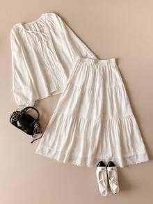 SHEIN Unity Women's Solid Color Pleated Casual Versatile Daily Skirt - White - View 5