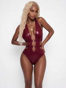 Amplova Deep V Neck Halter Neck Tie Sleeveless Metal Decor Cut Out High Waist Cut Out Women Mini Fitted Bodysuit - Burgundy - View 14