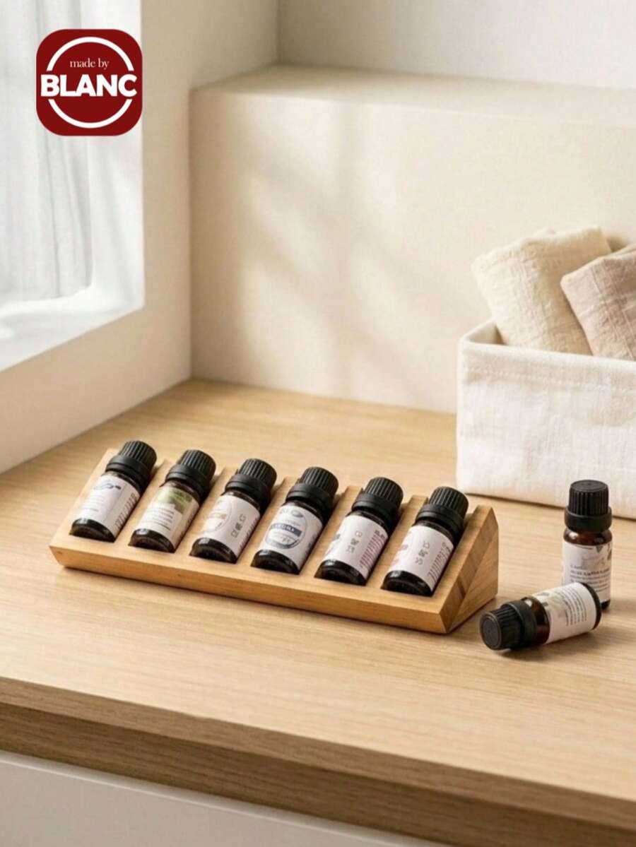 Madebyblanc 2pcs Bamboo Essential Oil Holder, Mini Triangle Storage Tray Stand, 6-Slot Essential Oil Organizer For Desk, Aromatherapy Oil Display Stand, Space-Saving Vanity Organizer For Essential Oils, Lipsticks, Makeup, Candles & Small Toiletries - Multicolor - View 1