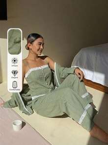 DAZY 3件組度假風紋理波點布料女款睡衣套裝 - 軍綠色 - 查看 4