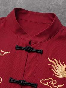 PAVTROS Men's Golden Dragon Print Retro Casual Short Sleeve Shirt - Red - View 3