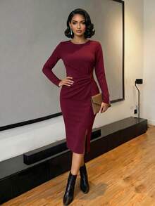 SHEIN Lady Burgundy Wine Red Ruched High Neck Long Sleeve Bodycon Midi Dress Front Slit Twist Stretchy Elegant Date Night Engagement Cocktail Fall Winter Dress - Burgundy - View 1