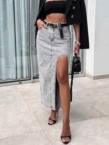 SQUALO Light Blue Slit Denim Midi Skirt - 100% Cotton ,Petite Women - Grey - View 3