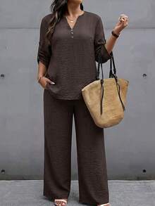 Weeklong Plus Size Women's Spring/Summer Notched Neckline Stud Button Decor Casual Vacation Set - Brown - View 4
