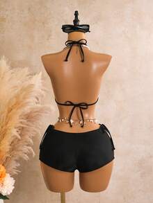 Swim Mod Conjunto de 3 piezas de bikini para mujer con top triangular y braguita triangular, nuevo, negro, con patrón de mariposa y pedrería - Negro - Ver 5
