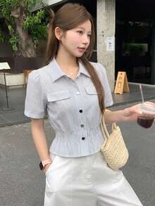 DAZY 女款韓式修身優雅夏季牛仔上衣 - 灰色 - 查看 4