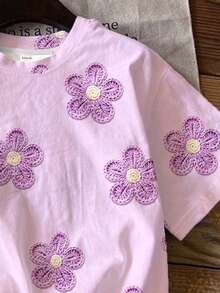 少女休閒簡約可愛趣味紋理碎花、紫色、波點碎花、圓領短袖T恤，適合夏季圖案、Kawaii、Y2k、舒適、可愛上衣、圖案T恤、碎花 - 彩色 - 查看 5