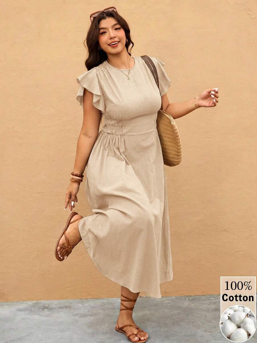 Elaquor 大尺碼女款純色百褶休閒派對與旅行洋裝 - 杏色 - 查看 1