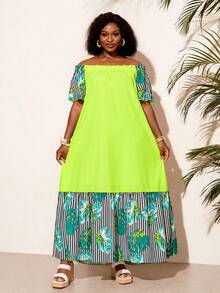 BrightlyHer Vestido de moda a rayas con hombros descubiertos para mujer talla grande para vacaciones - Multicolor - Ver 4