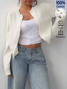 SHEIN BASICS 女款純色單排扣休閒百搭日常外出長袖開襟衫 - 杏色 - 查看 5